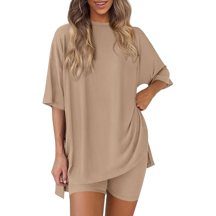 Women's Casual Oversized Crewneck Split Hem Shirts & Side Pocket Shorts Set