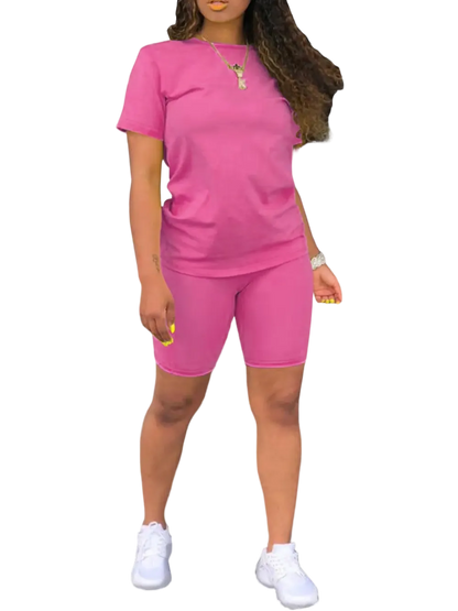 Women's 2-Piece Plain Set: Fitted Crew Neck Tee & Skinny Shorts, Casual Summer Outdoor Outfit