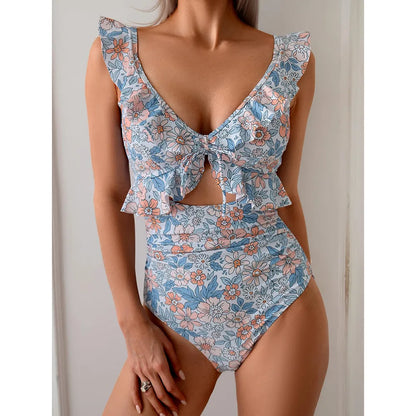 One Piece Swimsuit Ruffle Bathing V Neck Ruched
