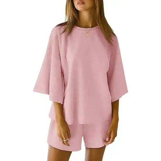 Pajama Sets 3/4 Sleeve Oversized Tops And Elastic Waist Shorts