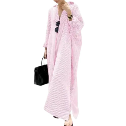 Women's Casual Long Sleeve Button Down Loose Striped Cotton Maxi Shirt Dress
