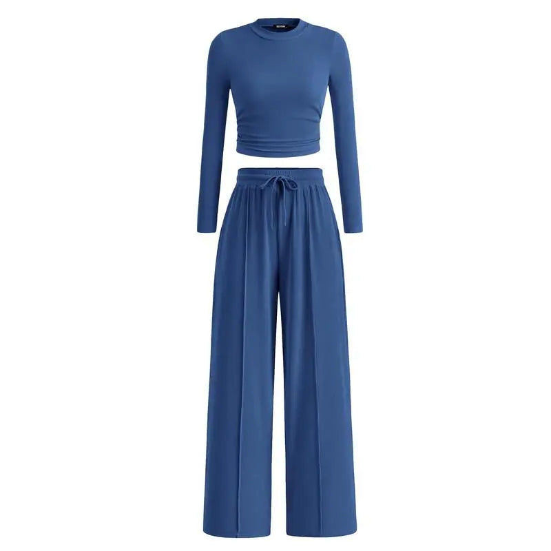 ✨2-Piece Ribbed Knit Long Sleeve Crop Top Wide Leg Pants Lounge Set🔥