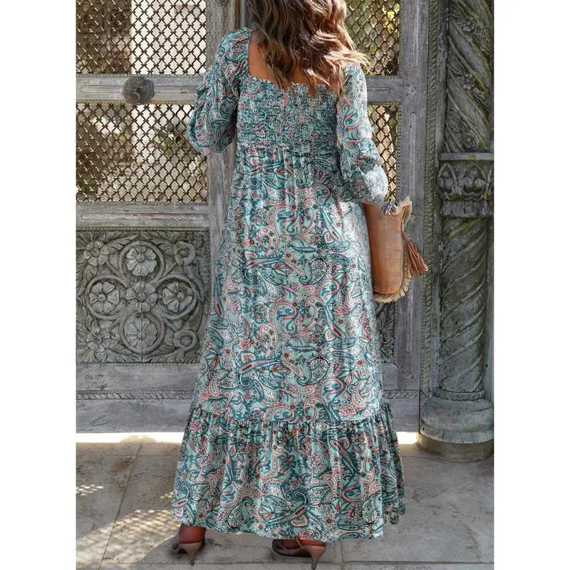 Women’s Long Sleeve Boho Dress – Square Neck & Button Detail