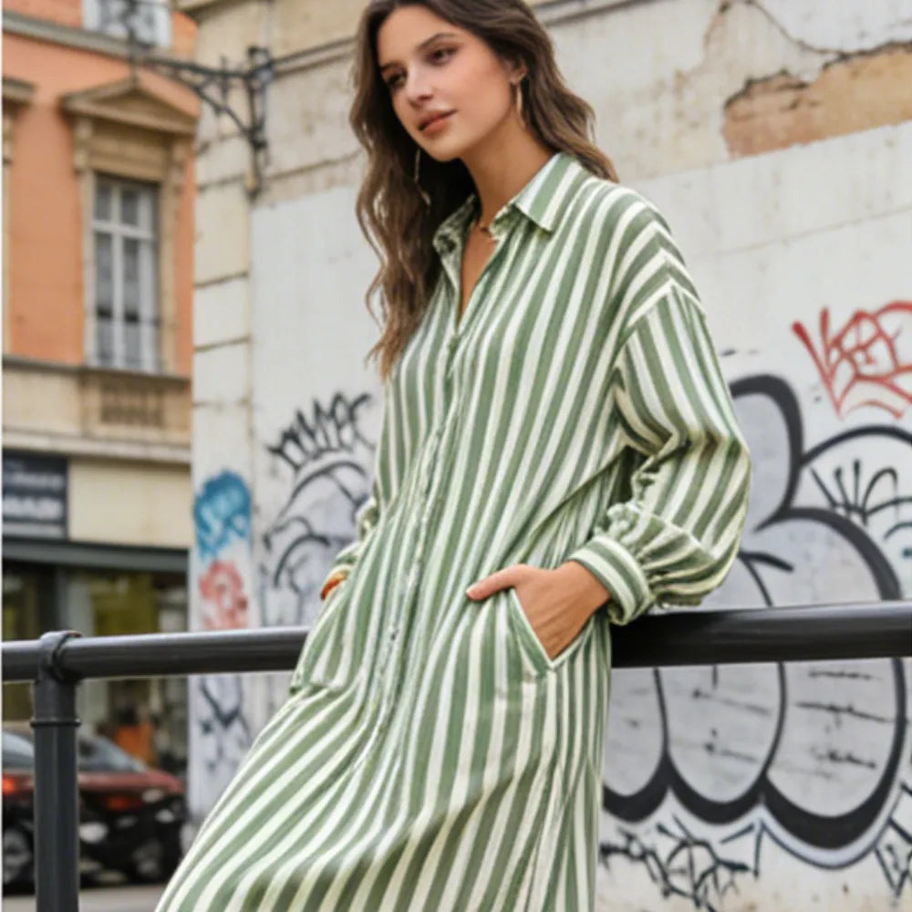 Women's Casual Long Sleeve Button Down Loose Striped Cotton Maxi Shirt Dress