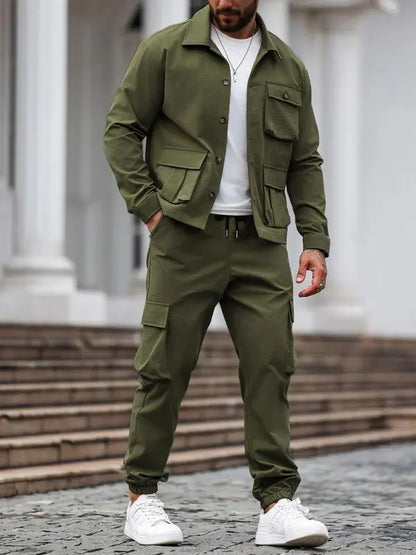 Men's Solid Color Pocket Button Front Shirt & Pants Two-Piece Set