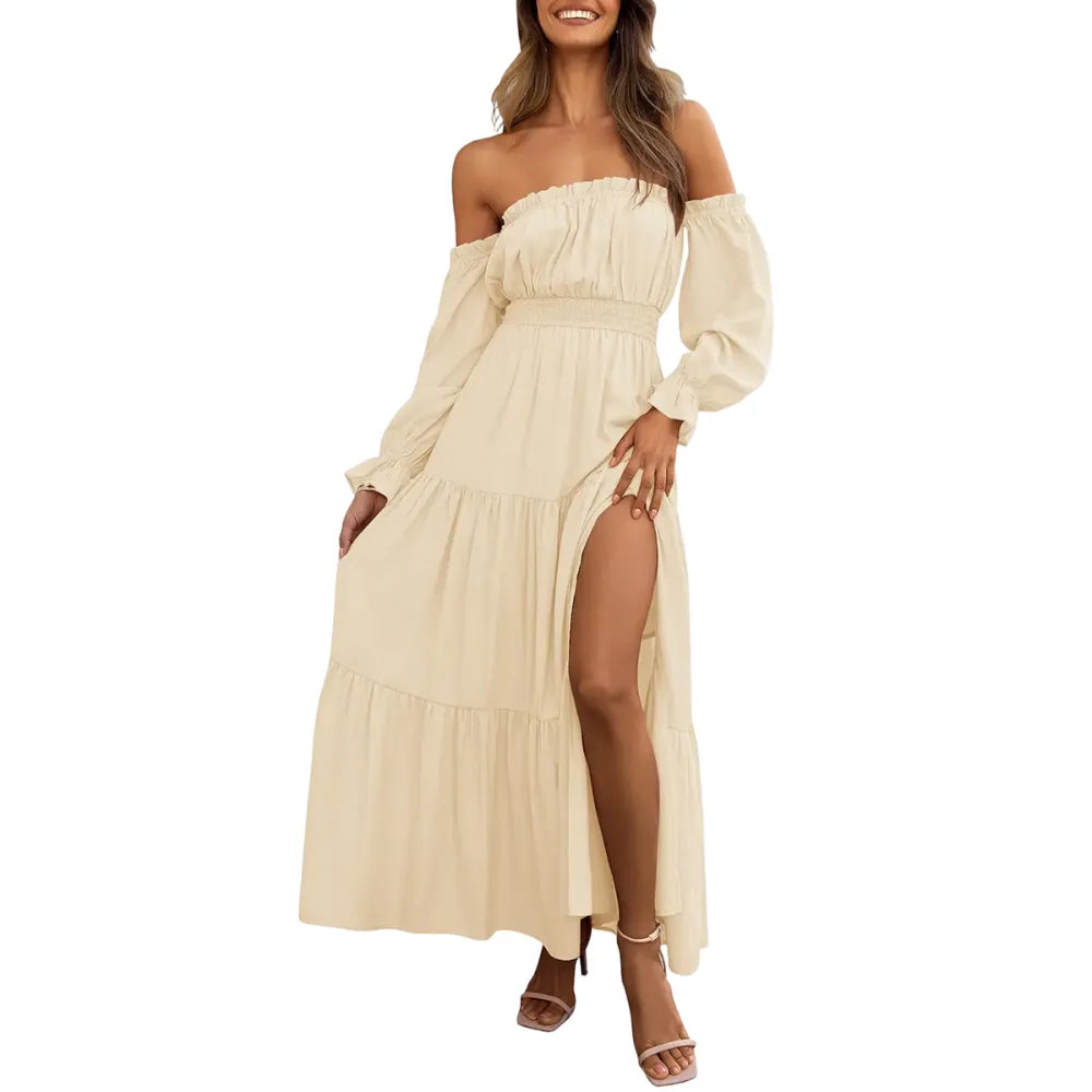 Women's Boho Off Shoulder Long Sleeve High Waist Side Split Long Maxi Dress