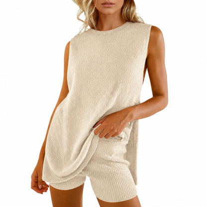 🏆New Style-49%OFF🔥Women's 2 Piece Outfits Summer Knit Sweater Set Sleeveless Tunic Top Matching Shorts