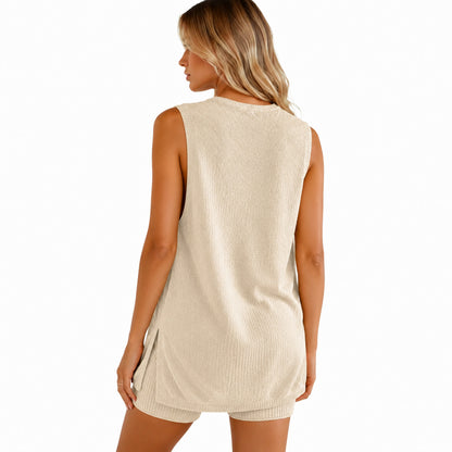 🏆New Style-49%OFF🔥Women's 2 Piece Outfits Summer Knit Sweater Set Sleeveless Tunic Top Matching Shorts