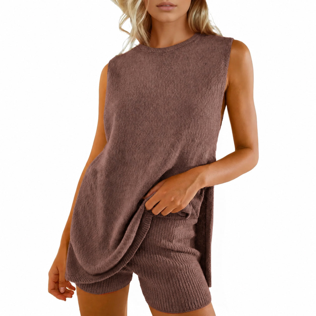 🏆New Style-49%OFF🔥Women's 2 Piece Outfits Summer Knit Sweater Set Sleeveless Tunic Top Matching Shorts