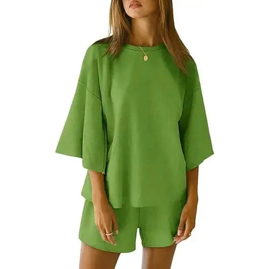 Pajama Sets 3/4 Sleeve Oversized Tops And Elastic Waist Shorts