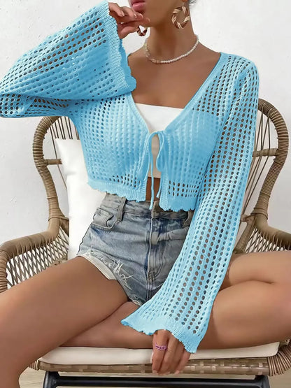 Women's Plain Hollow Out Tie Front Crop Cardigan
