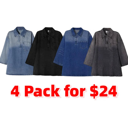 Women's Denim Dress Half-Zip Collared Vintage Washed Blue Loose Fit Long Sleeve