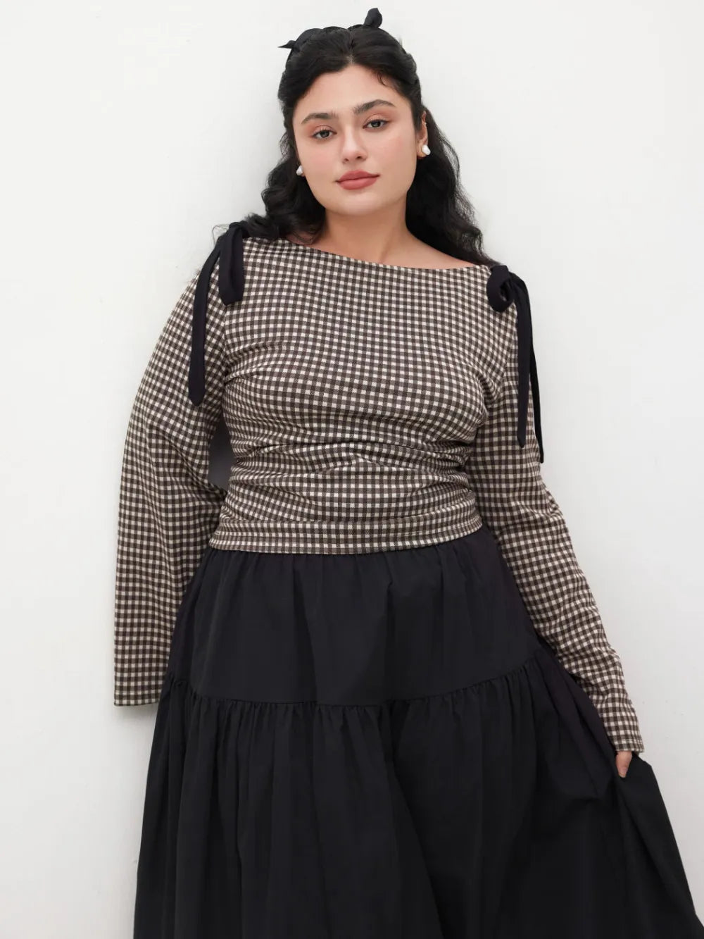 Boat Neck Gingham Bowknot Ruched Long Sleeve Top