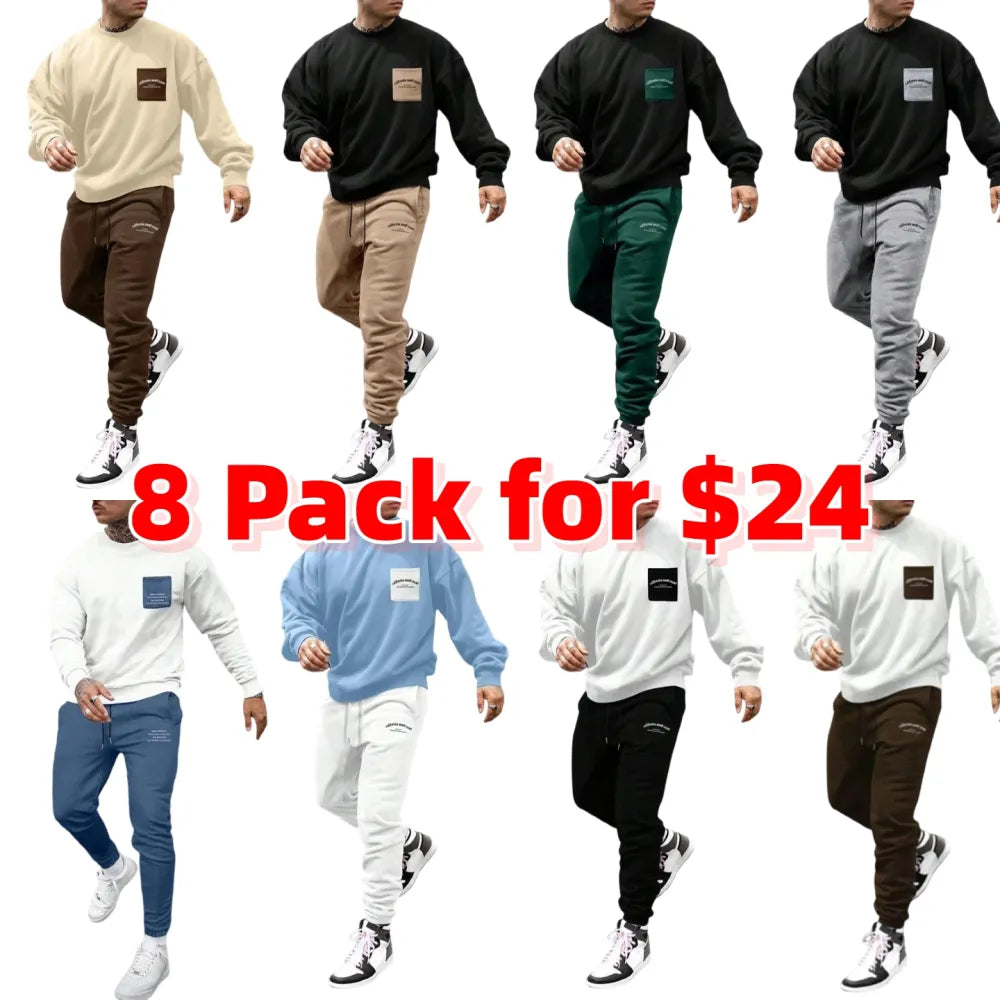 Two-Piece Set Men's Patchwork Drop Shoulder Pocket Sweatshirt & Letter Print Drawstring Sweatpants
