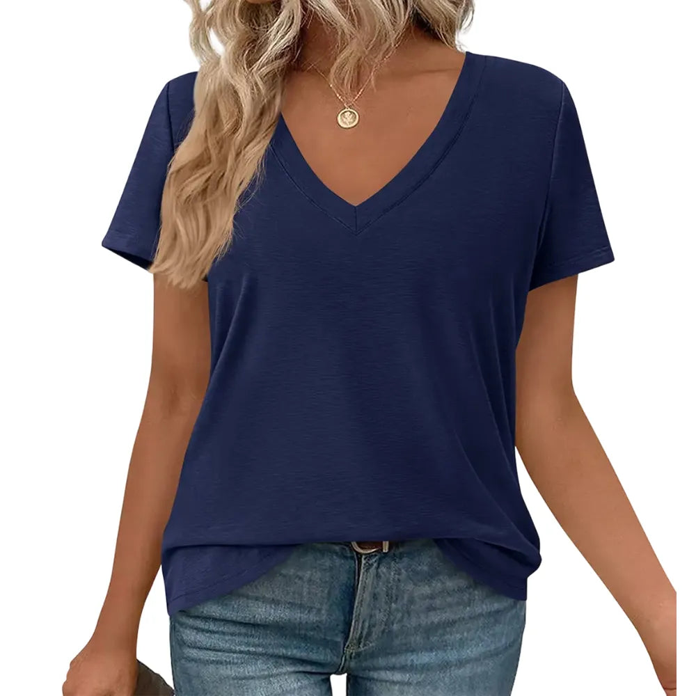 Women's Casual V-Neck Oversized Short Sleeve Loose Basic Tees