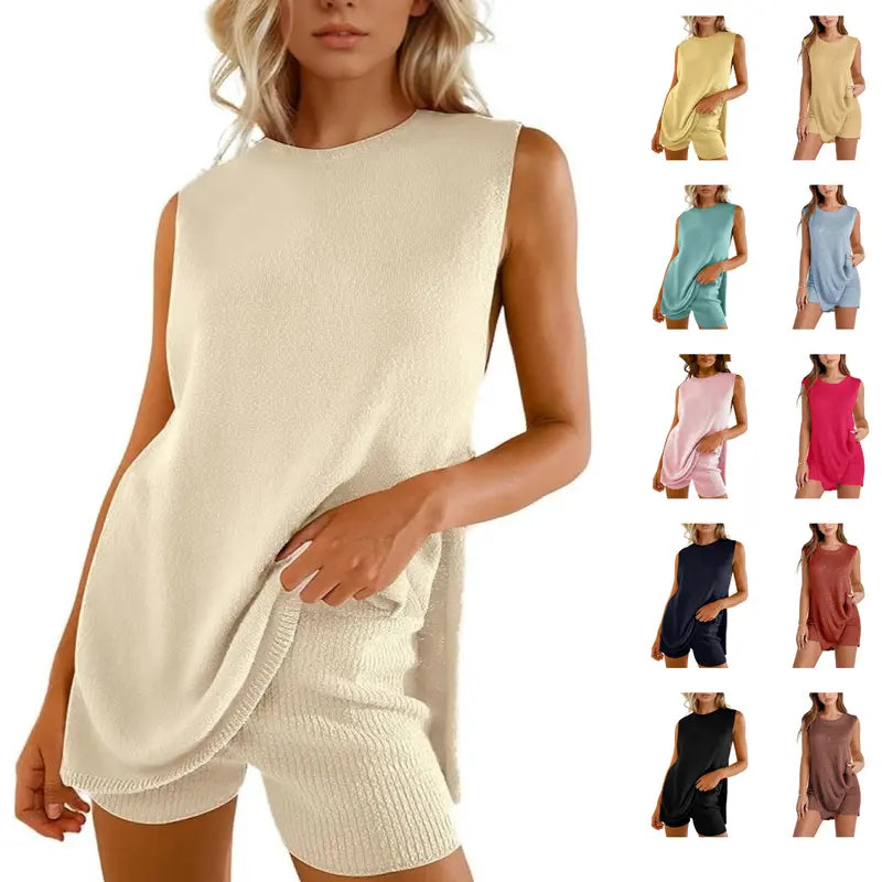 🏆New Style-49%OFF🔥Women's 2 Piece Outfits Summer Knit Sweater Set Sleeveless Tunic Top Matching Shorts
