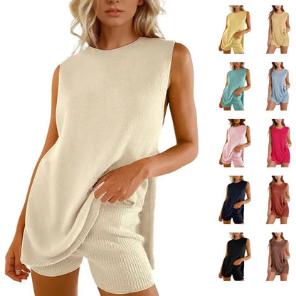 🏆New Style-49%OFF🔥Women's 2 Piece Outfits Summer Knit Sweater Set Sleeveless Tunic Top Matching Shorts