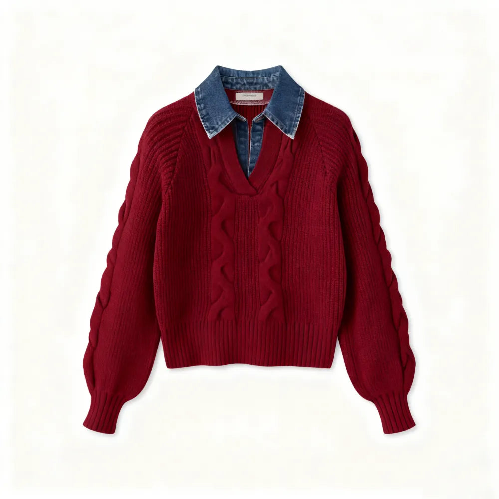 Denim Panel Ribbed Lapel Sweater