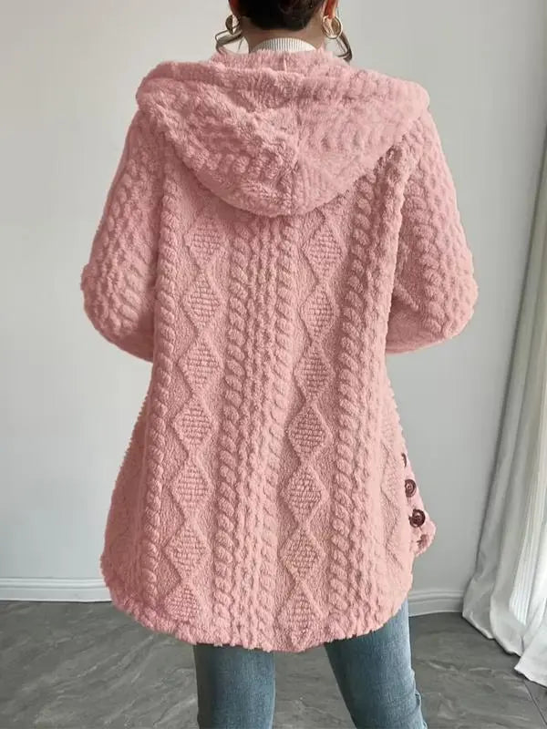 Women's Fall Winter Warm Fashion Jacquard Hooded Cardigan Long Sleeve Coat