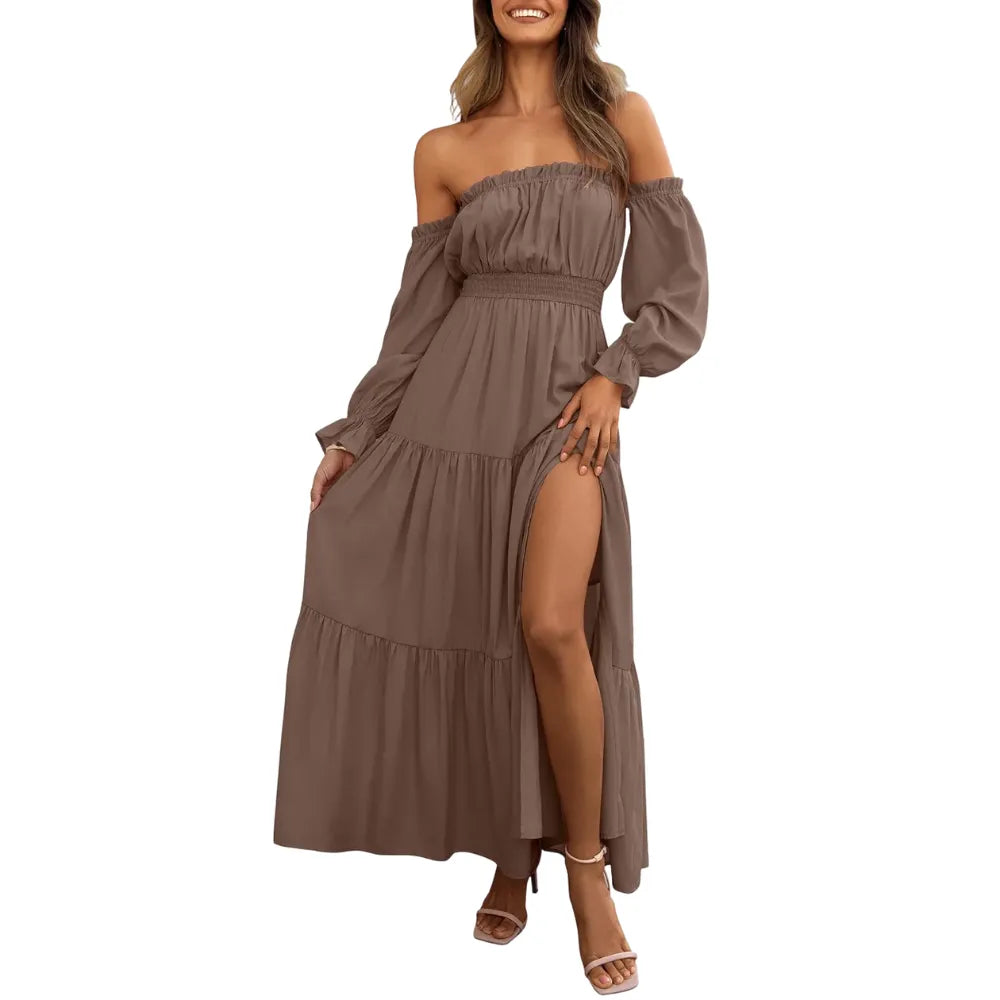 Women's Boho Off Shoulder Long Sleeve High Waist Side Split Long Maxi Dress