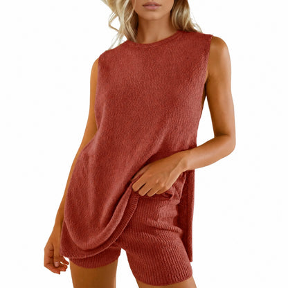 🏆New Style-49%OFF🔥Women's 2 Piece Outfits Summer Knit Sweater Set Sleeveless Tunic Top Matching Shorts
