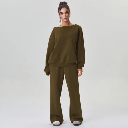Women's Leisure Solid Color Sloping Shoulder Long Sleeve Top & Wide-Leg Trousers Set