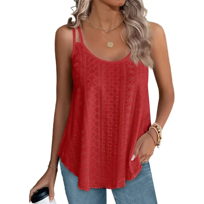 Womens Tank Tops Spaghetti Strap Camisoles Eyelet Embroidery Scoop Neck Tops