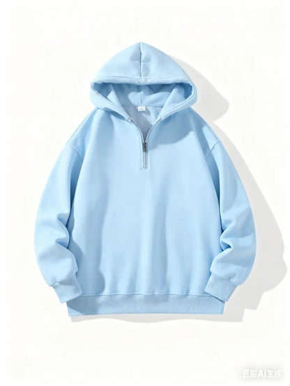 Plain Half Zip Drop Shoulder Essentials Hoodie