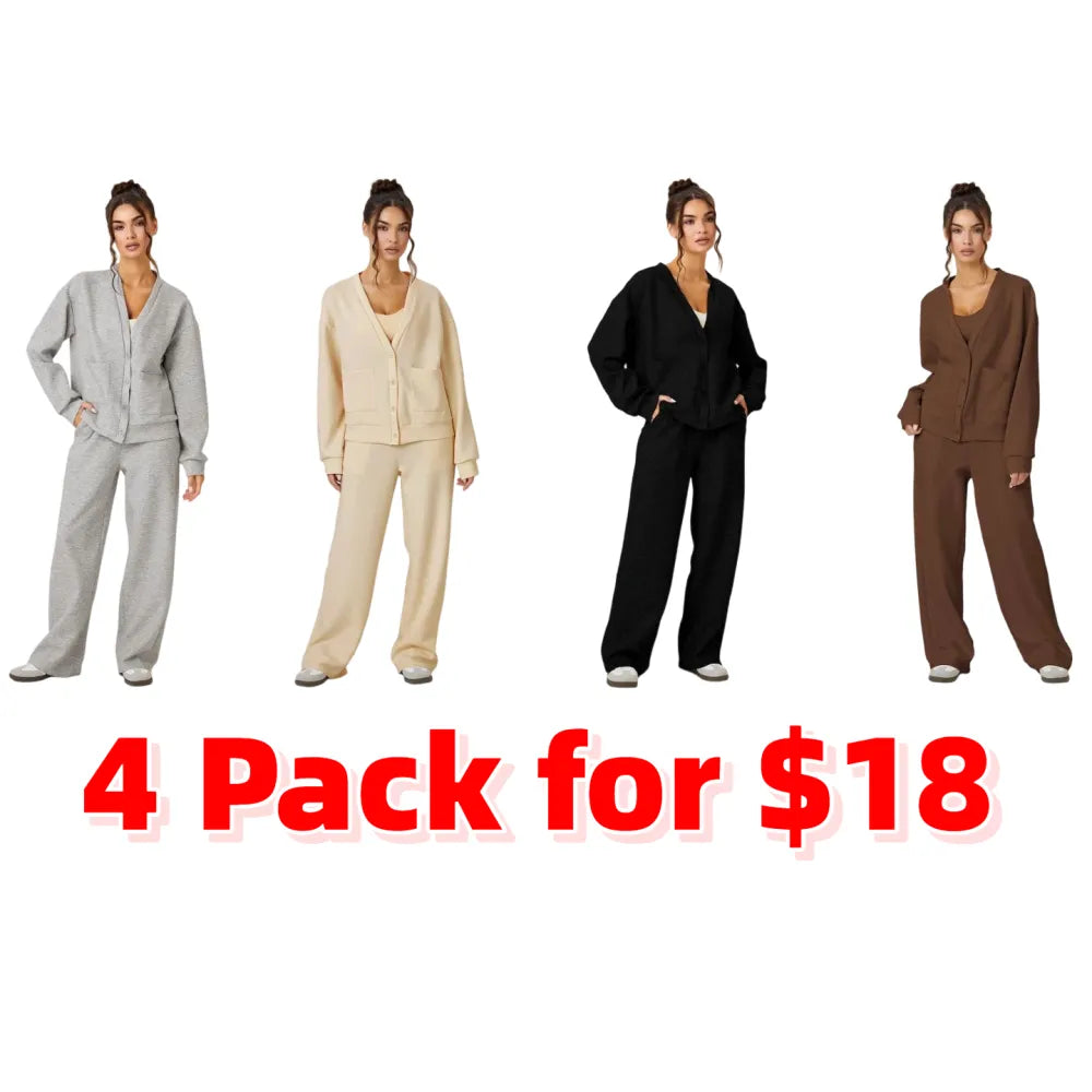 Women's Slouchy Solid Color V Neck Long Sleeve Button Cardigan & Drawstring Waist Trousers Co-ord