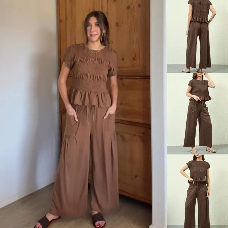 ✨Women’s 2-Piece Smocked Top & Wide-Leg Pants Casual Boho Matching Set🔥