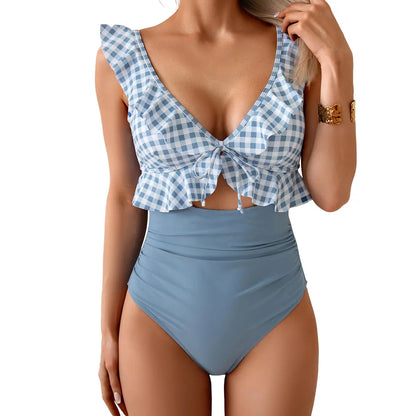 One Piece Swimsuit Ruffle Bathing V Neck Ruched