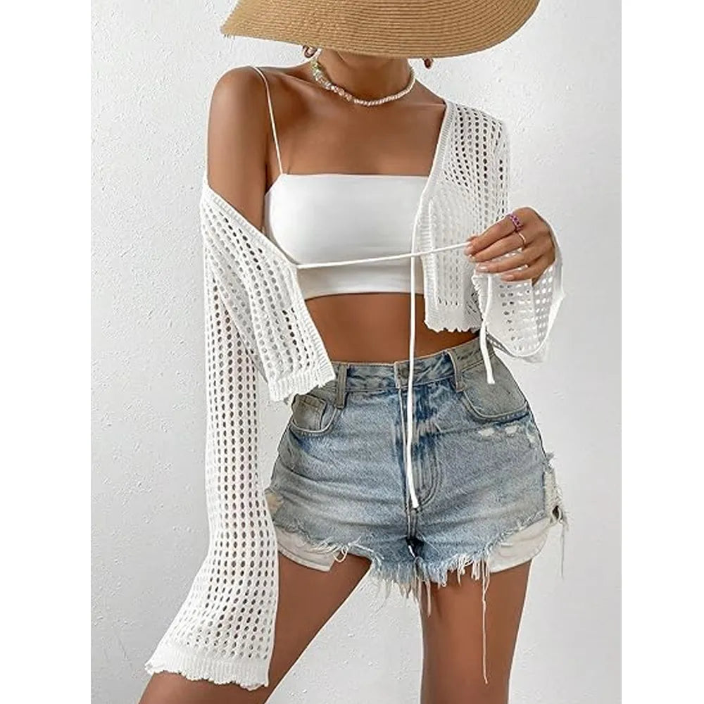 Women's Plain Hollow Out Tie Front Crop Cardigan