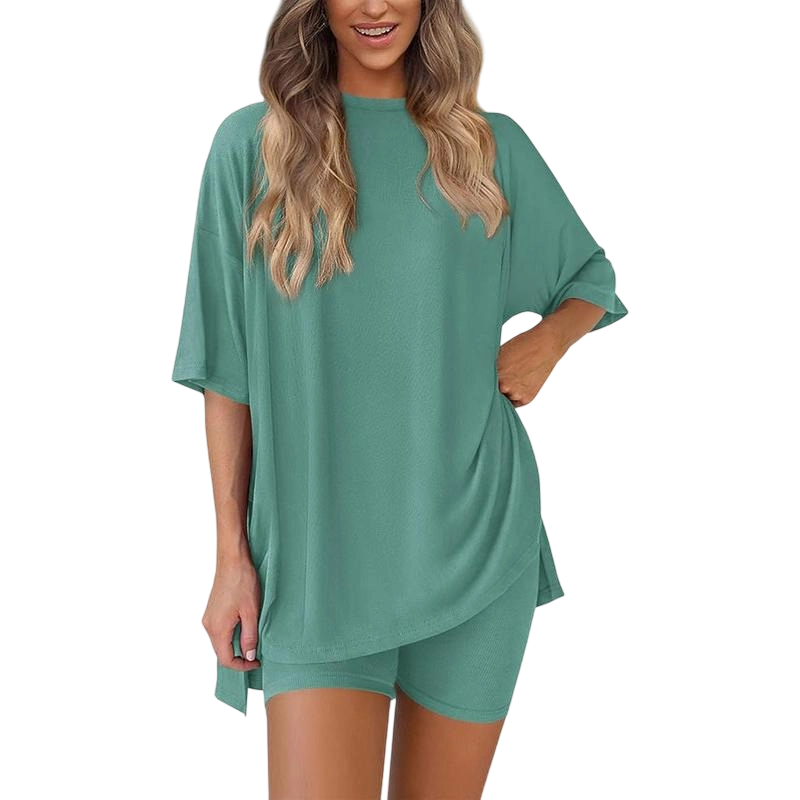 Women's Casual Oversized Crewneck Split Hem Shirts & Side Pocket Shorts Set