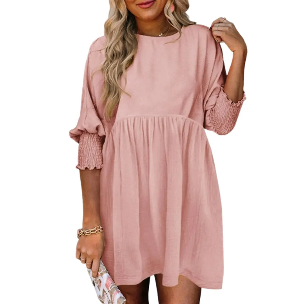 Women's Black Crew Neck Short Sleeve Flowy Swing Mini Tunic Dress
