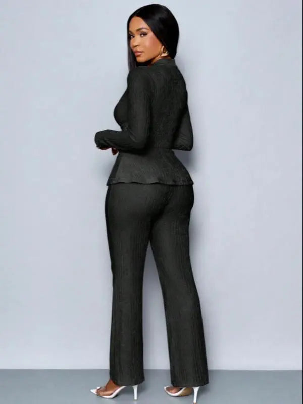 Women's Elegant V Neck Long Sleeve T-Shirt And Wide Leg Pants Two Piece Set