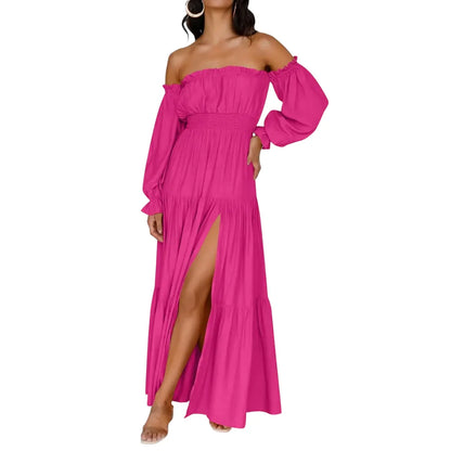 Women's Boho Off Shoulder Long Sleeve High Waist Side Split Long Maxi Dress