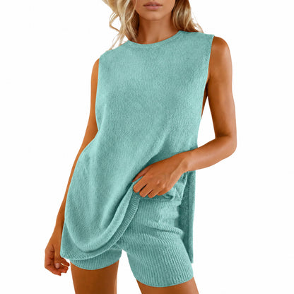 🏆New Style-49%OFF🔥Women's 2 Piece Outfits Summer Knit Sweater Set Sleeveless Tunic Top Matching Shorts