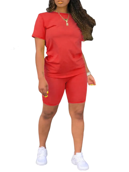 Women's 2-Piece Plain Set: Fitted Crew Neck Tee & Skinny Shorts, Casual Summer Outdoor Outfit