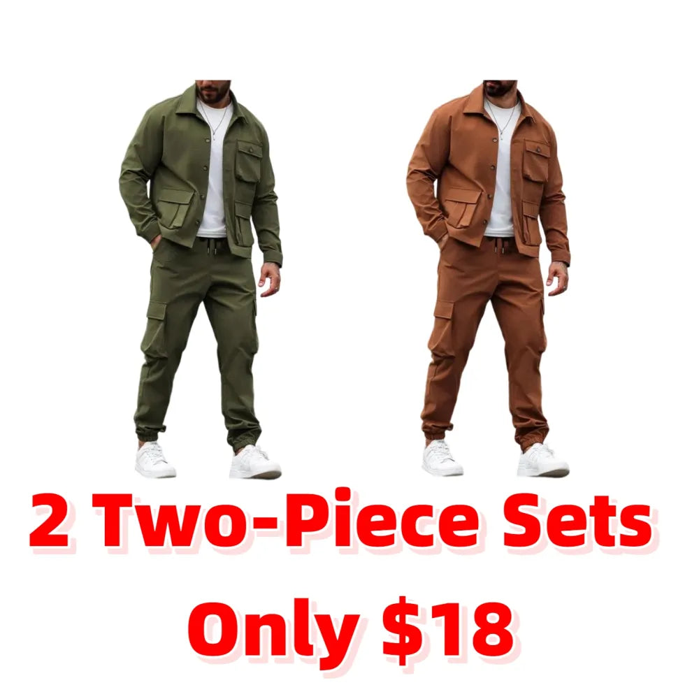 Men's Solid Color Pocket Button Front Shirt & Pants Two-Piece Set