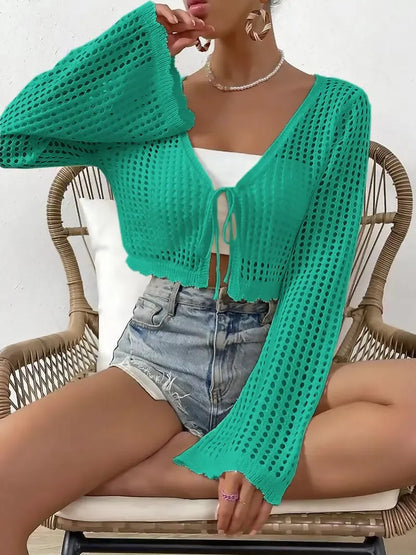 Women's Plain Hollow Out Tie Front Crop Cardigan