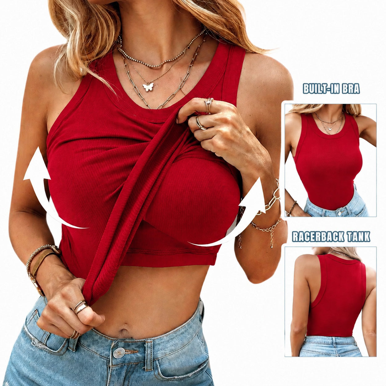 This Week's Special Price🍃Round Neck Built-in Bra Ribbed Tank Top Fit Casual Comfortable💥