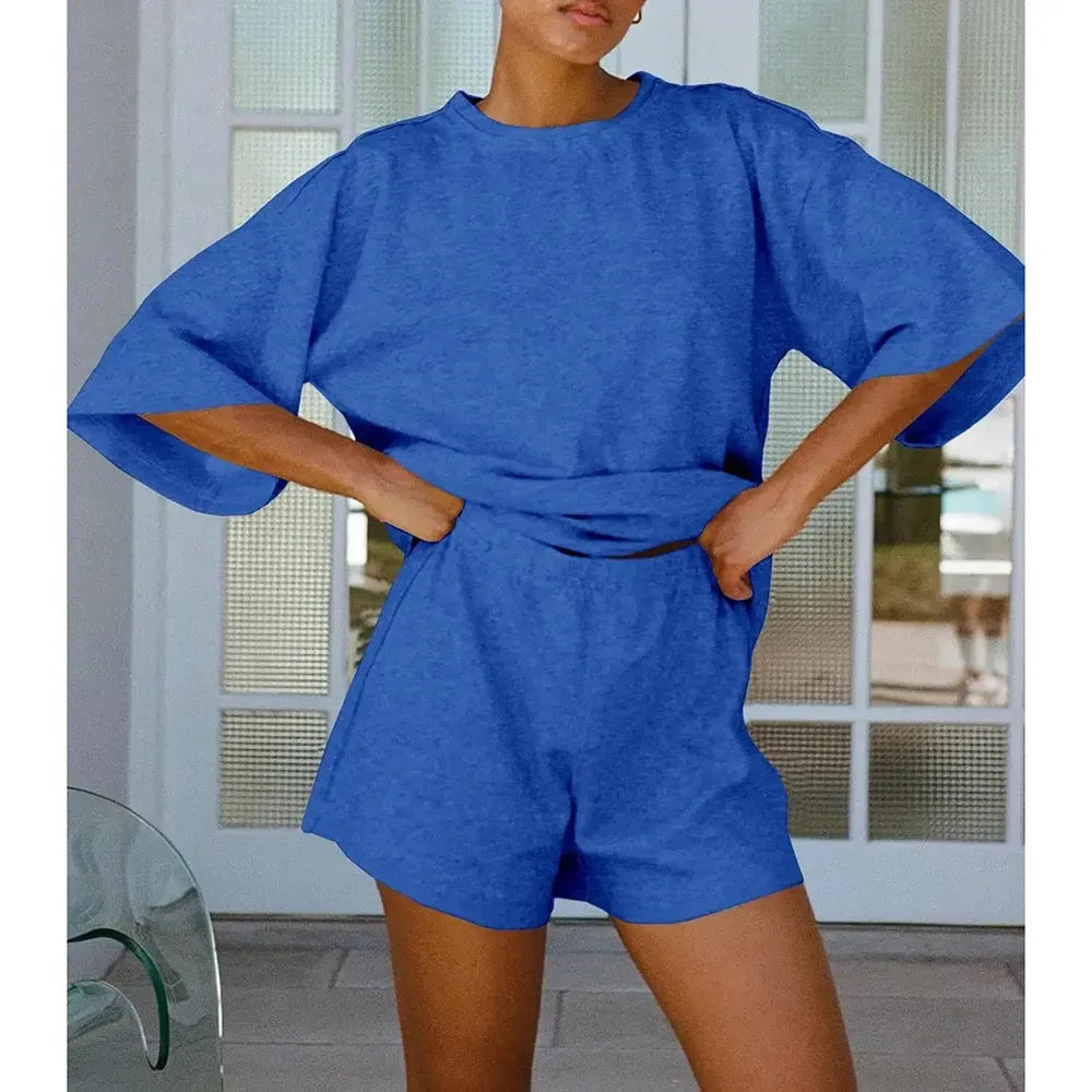 Pajama Sets 3/4 Sleeve Oversized Tops And Elastic Waist Shorts