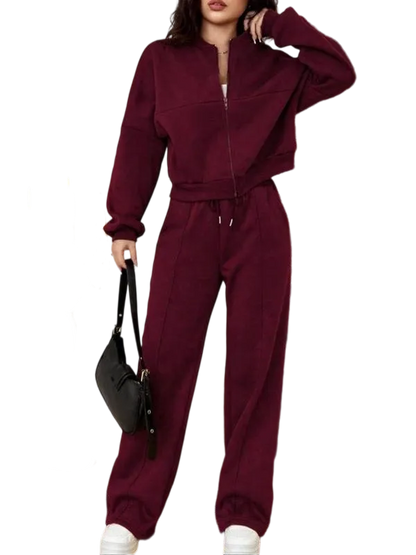 Two-piece Set Women's Solid Zip Up Drop Shoulder Jacket & Pocket Elastic Waist Pants