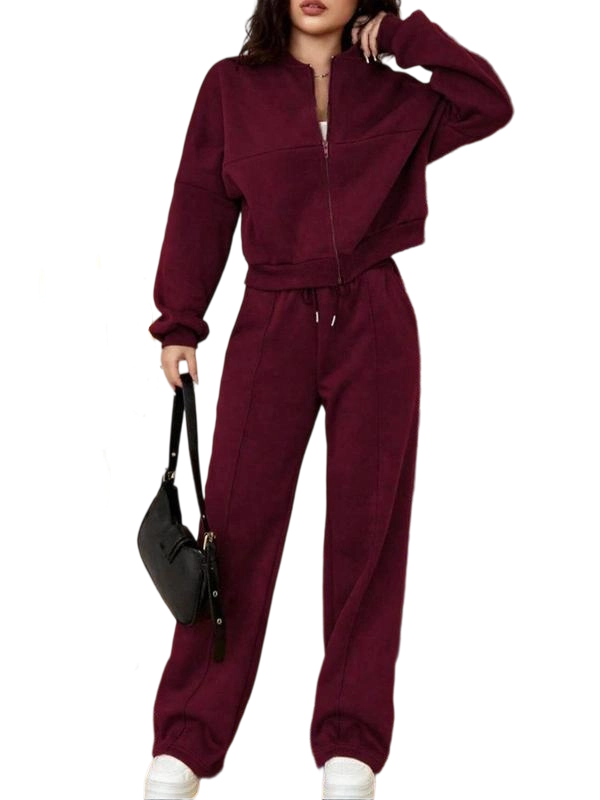Two-piece Set Women's Solid Zip Up Drop Shoulder Jacket & Pocket Elastic Waist Pants