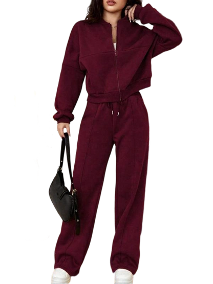 Two-piece Set Women's Solid Zip Up Drop Shoulder Jacket & Pocket Elastic Waist Pants