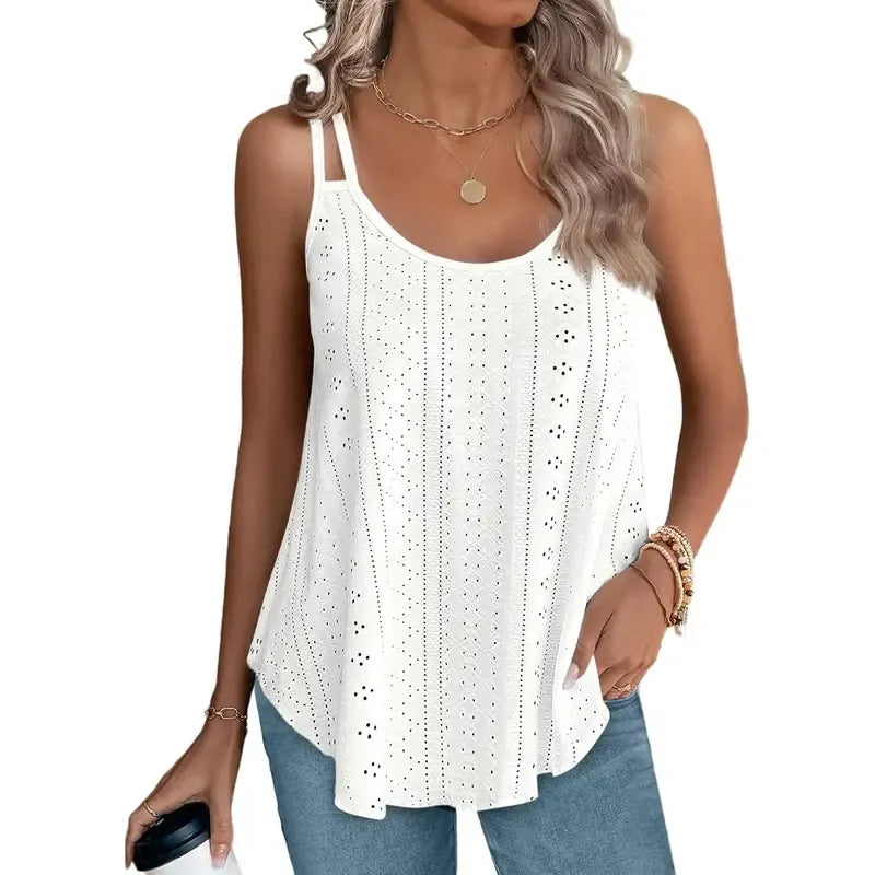 Womens Tank Tops Spaghetti Strap Camisoles Eyelet Embroidery Scoop Neck Tops