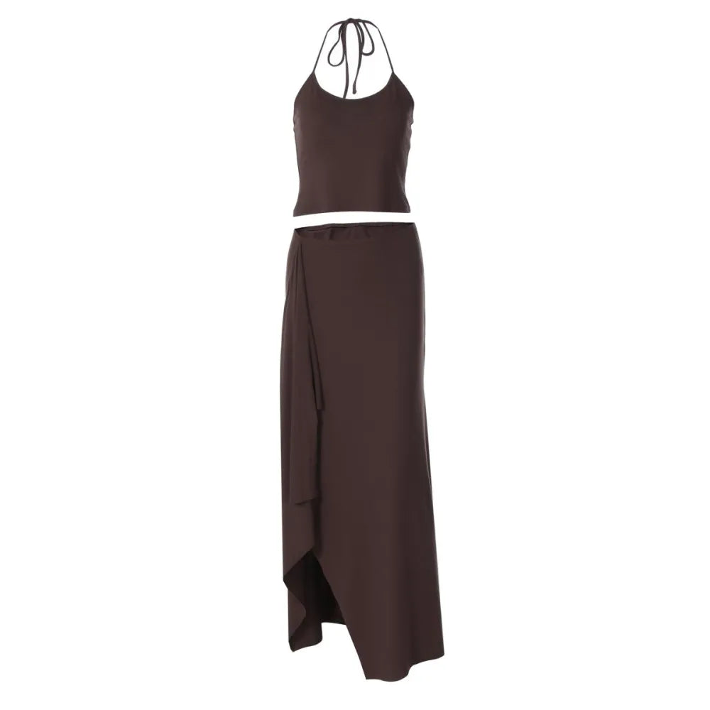 Solid-Color Sleeveless Backless Tie-Strap Camisole and Slim-Fit Side-Slit Maxi Skirt Two-Piece Set