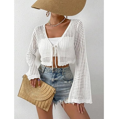 Women's Plain Hollow Out Tie Front Crop Cardigan