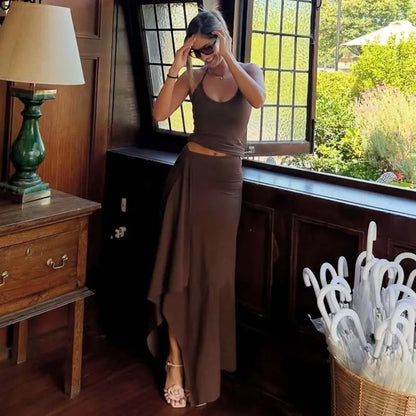 Solid-Color Sleeveless Backless Tie-Strap Camisole and Slim-Fit Side-Slit Maxi Skirt Two-Piece Set