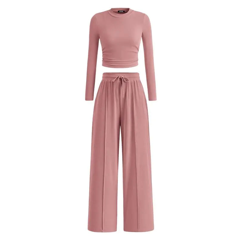 ✨2-Piece Ribbed Knit Long Sleeve Crop Top Wide Leg Pants Lounge Set🔥